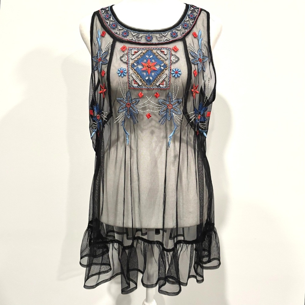 Whimsical Womens Tank Top Large Embroidered Mesh Sheer Floral Beaded Fairy 21955